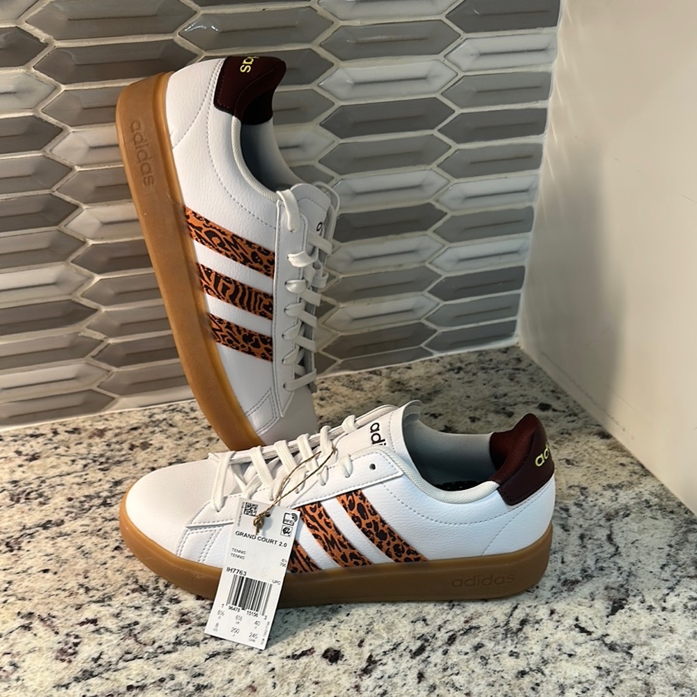 Adidas White Sneakers with Brown Animal Print and Tan Soles